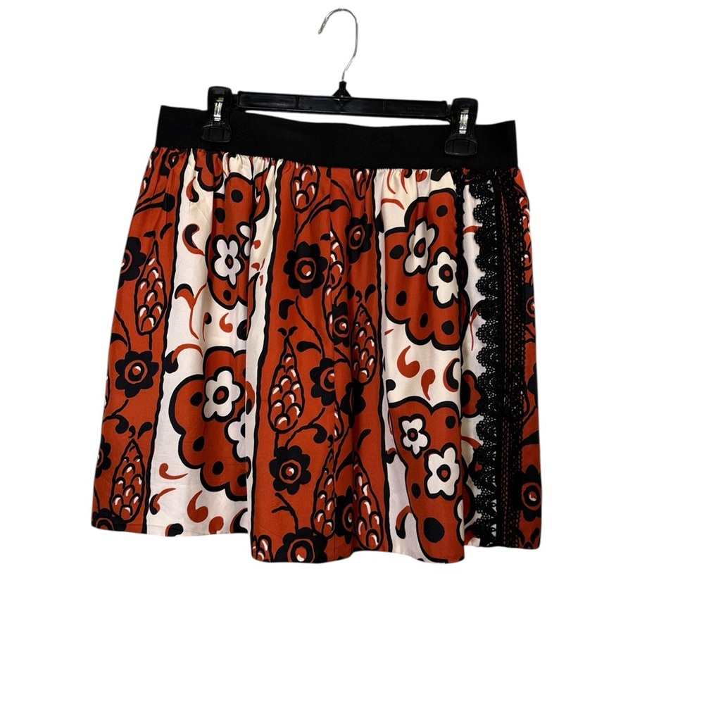 Leifsdottir Red Silk Floral Skater Skirt Black Trim Lace Detail Sz 10